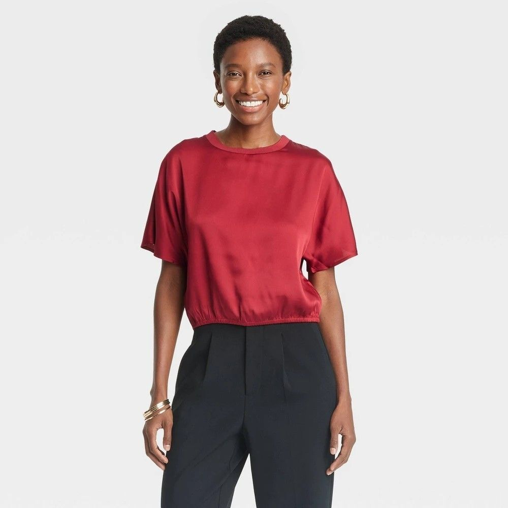 Women's Short Sleeve Satin Blouse - a New Day Burgundy S NWT